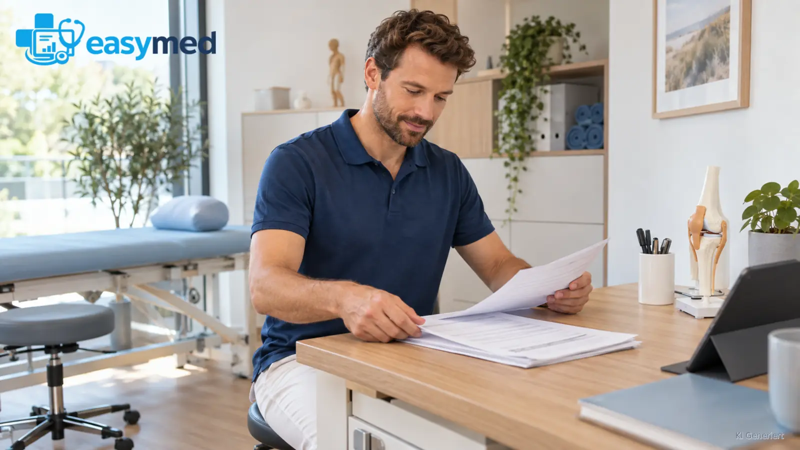 Physiotherapeut ordnet strukturierte Befundunterlagen am Arbeitsplatz.
