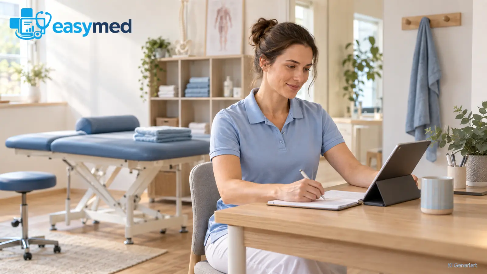 Physiotherapeutin nutzt eine eingeplante Arbeitsphase für die Dokumentation.