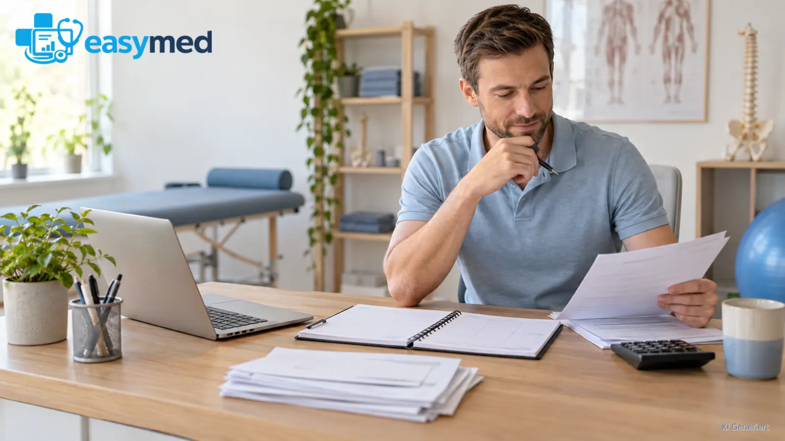 Selbstständiger Physiotherapeut bereitet Angaben zu Arbeitsumfang und Einnahmen vor.