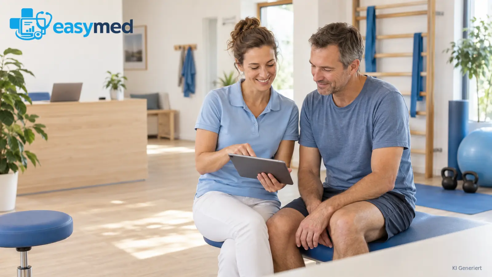 Physiotherapeutin erläutert einem Patienten digitale Arbeitswege am Tablet.