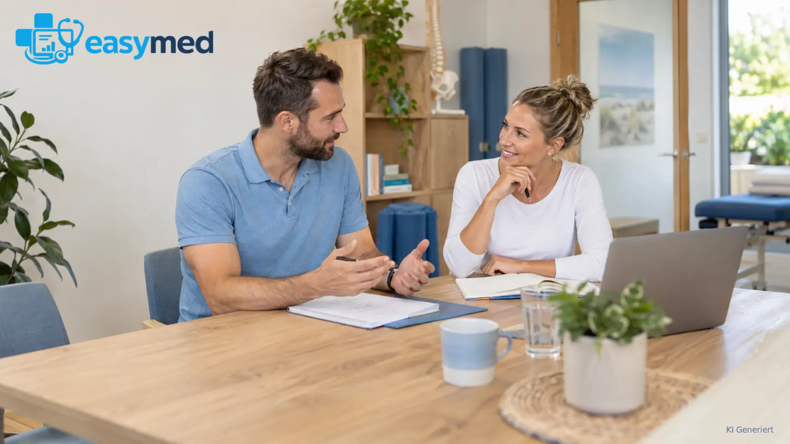 Zwei Physiotherapeuten besprechen Aufgaben und Abläufe einer geplanten Zusammenarbeit.