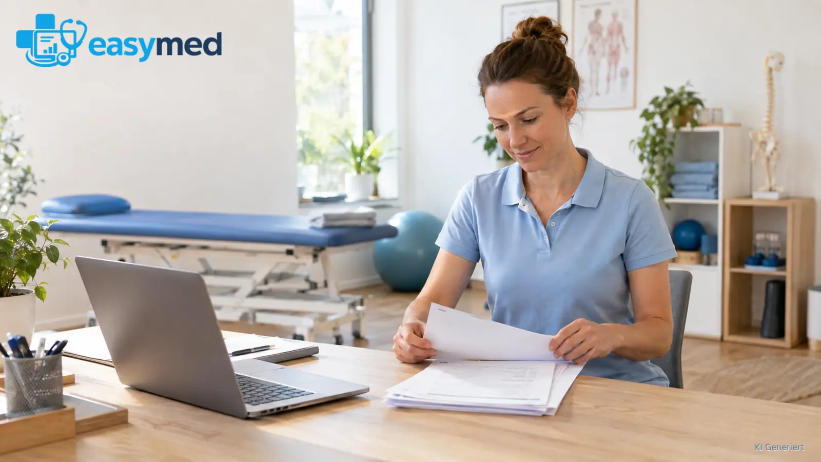 Physiotherapeutin ordnet Verlaufsnotizen für die Vorbereitung eines Therapieberichts.