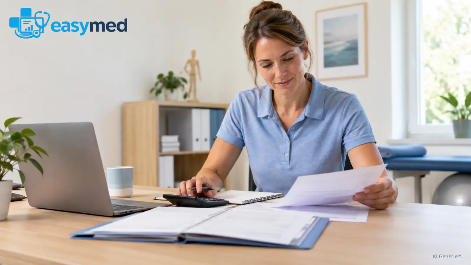Unterlagen zum Softwarebudget liegen geordnet neben Taschenrechner und Laptop.