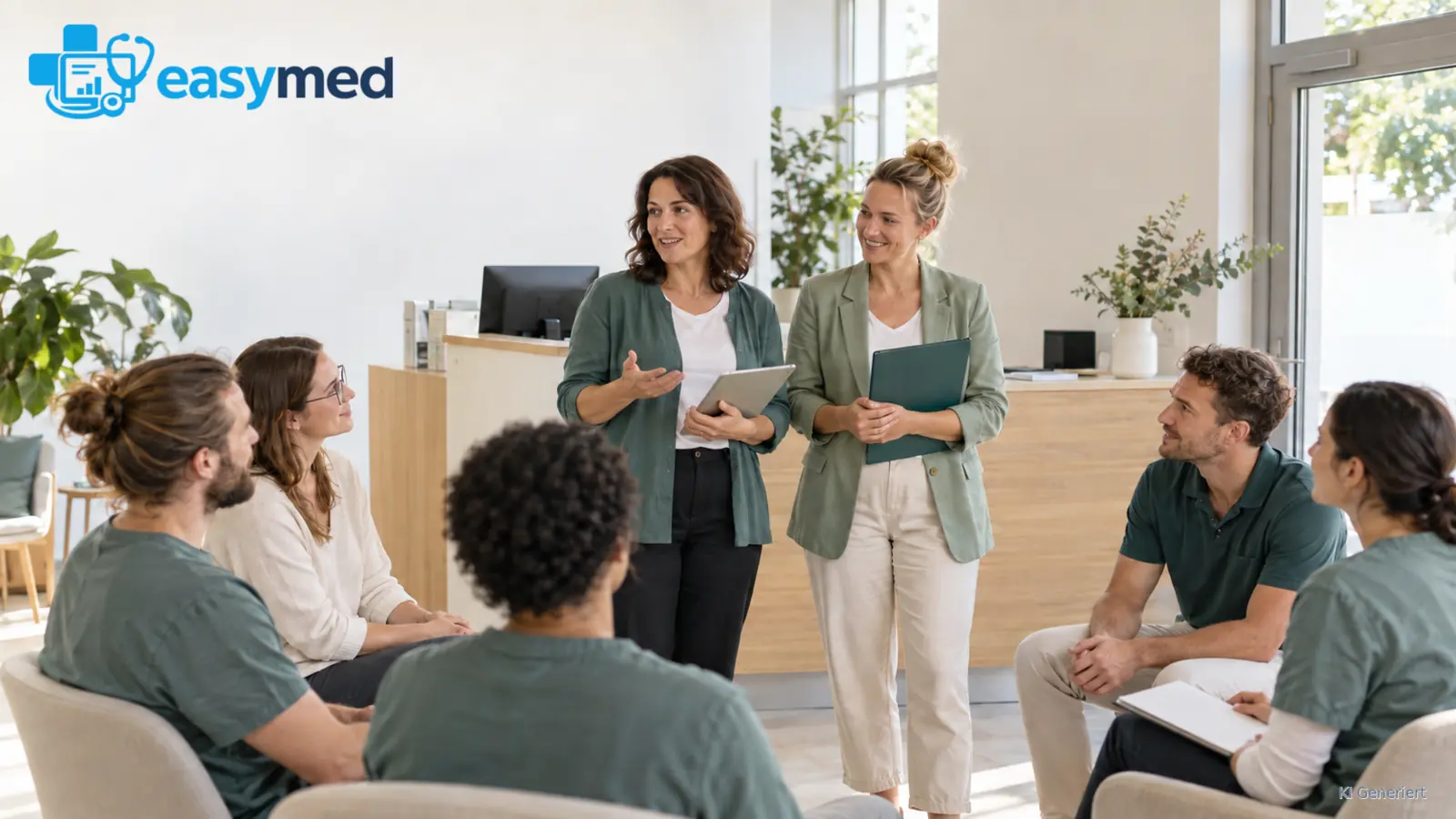 Ein Therapieteam bespricht einen Wechsel der Praxisleitung.