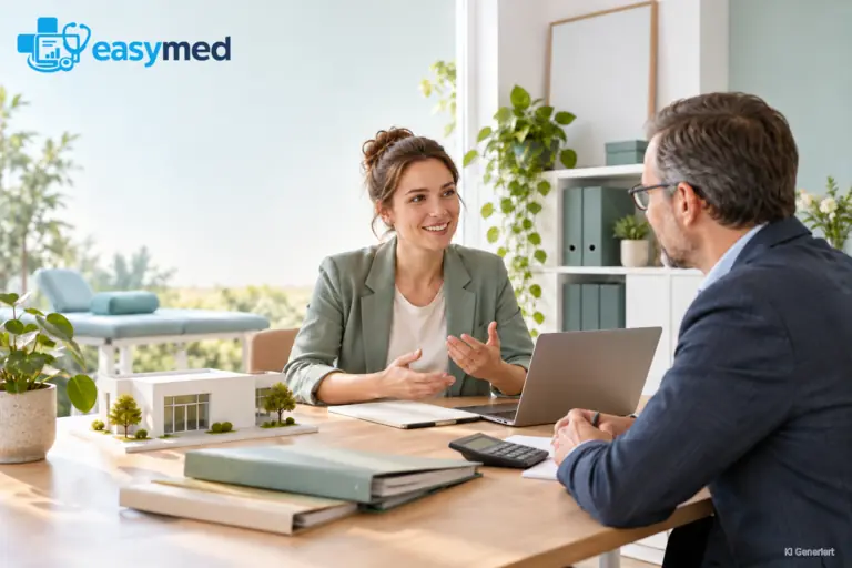 Eine angehende Praxisinhaberin bespricht die Finanzierung mit einem Ansprechpartner.