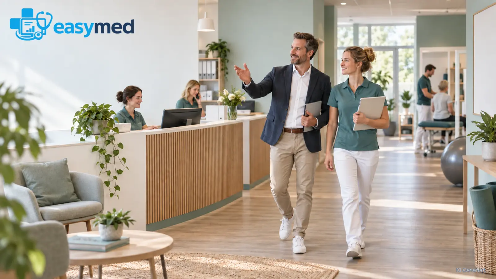 Zwei Personen besprechen den Praxisbetrieb im Empfangsbereich, während Mitarbeitende dort arbeiten.