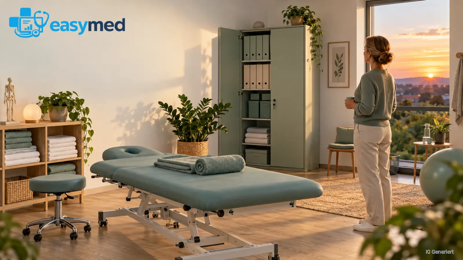 Eine geordnet aufgeräumte Therapiepraxis mit verpackten Arbeitsmaterialien.