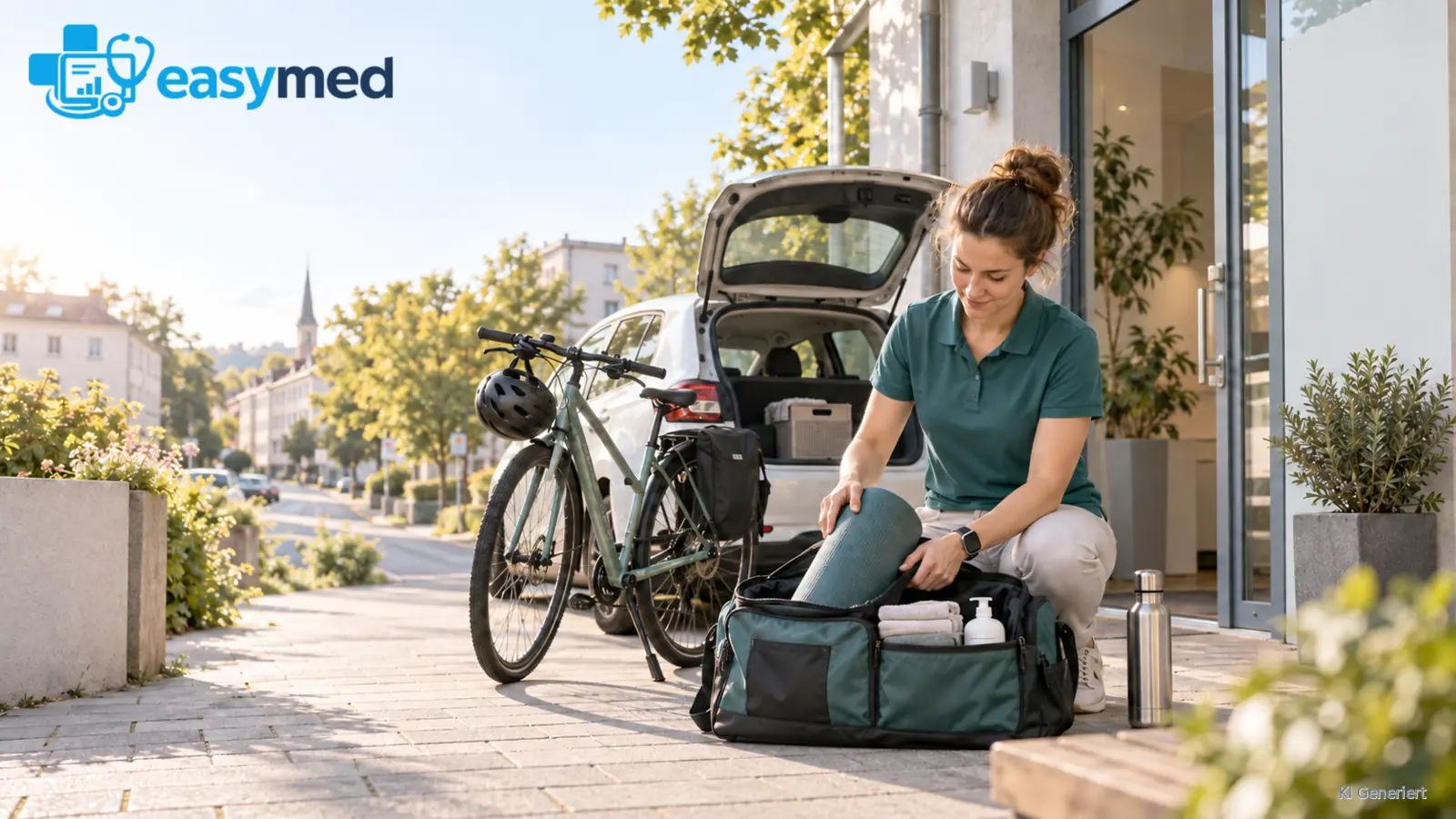 Eine Therapeutin packt eine Behandlungstasche am geöffneten Kofferraum ihres Autos für einen Hausbesuch.