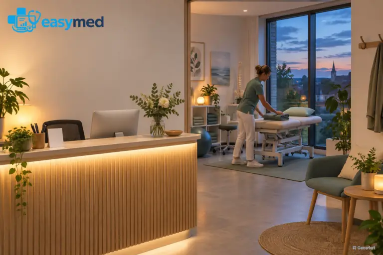 Eine beleuchtete Therapiepraxis in den frühen Abendstunden.