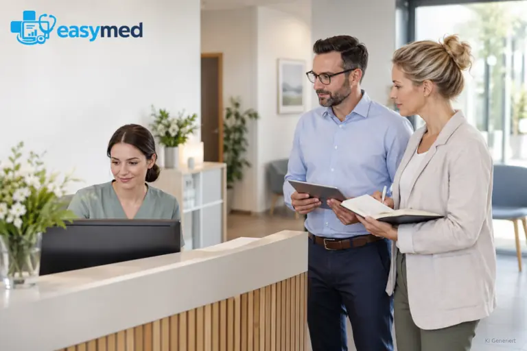 Zwei Personen beobachten einen Arbeitsweg am Empfang.