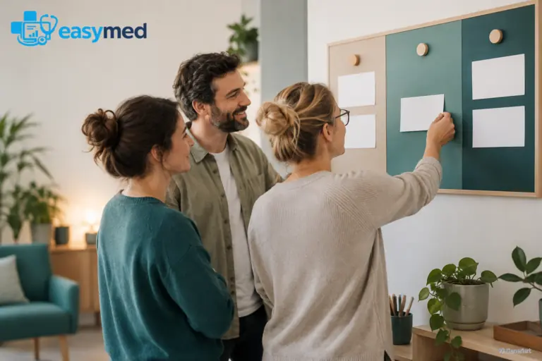 Ein Team verschiebt eine Aufgabenkarte auf einem Verbesserungsboard.
