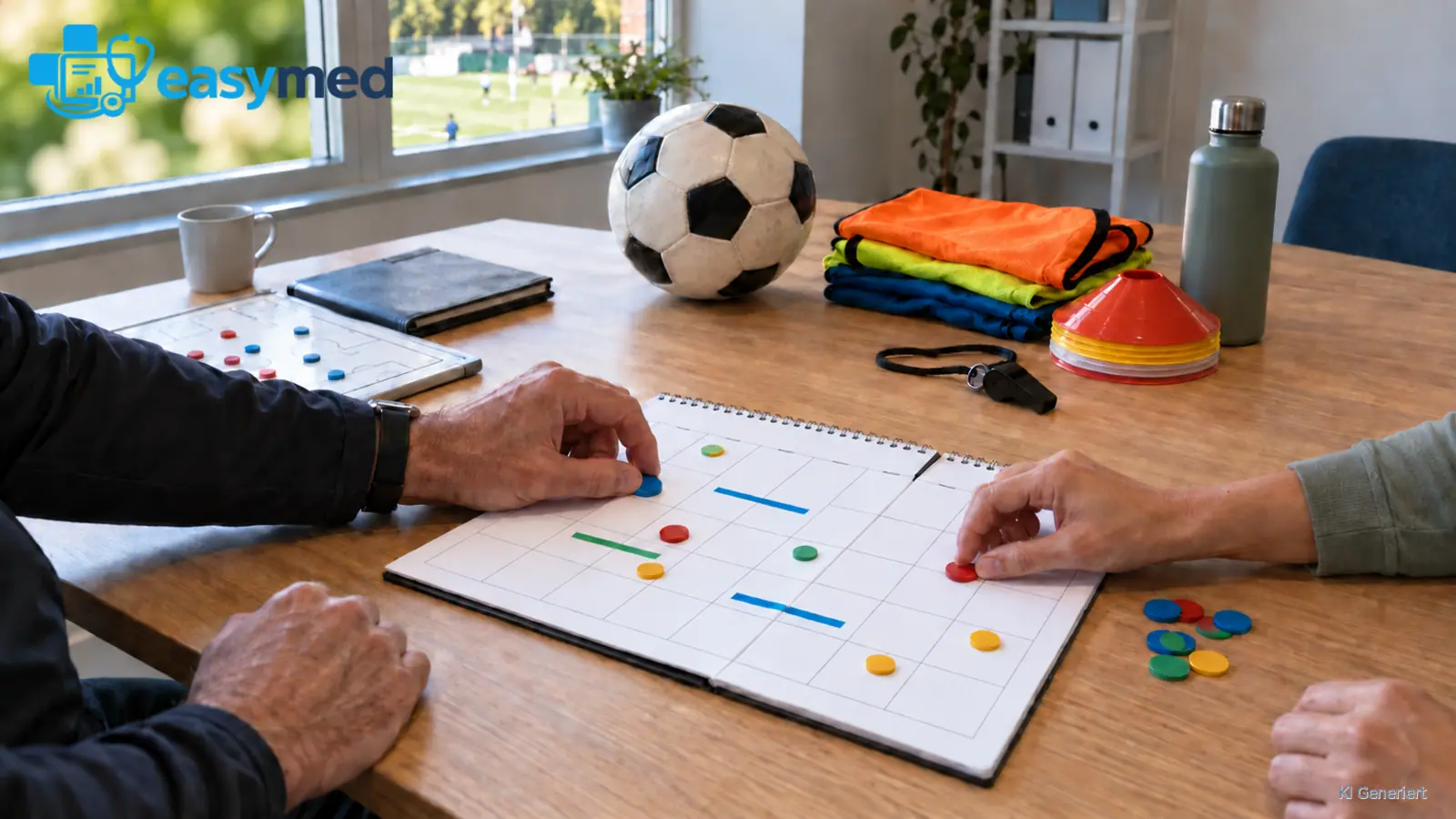 Ruhige Draufsicht auf Spieltagutensilien und einen unbeschrifteten Saisonkalender