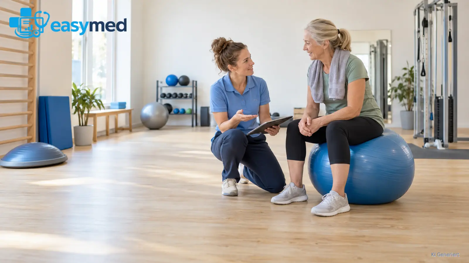Therapeutin mit Tablet spricht in einem Praxisraum mit einer älteren Frau, die auf einem Gymnastikball sitzt.