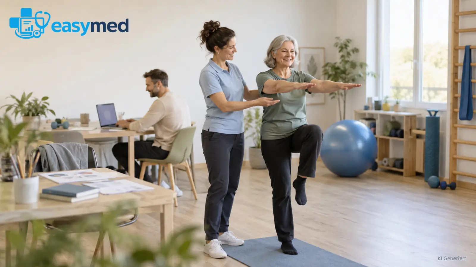 Physiotherapeutin begleitet eine ältere Frau bei einer Balanceübung; im Hintergrund plant eine Person am Laptop.