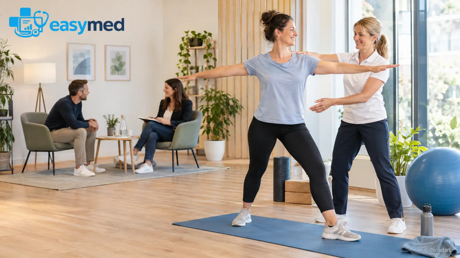 Kleine Bewegungsecke und diskrete Gesprächsecke bei einem freundlichen betrieblichen Gesundheitstag