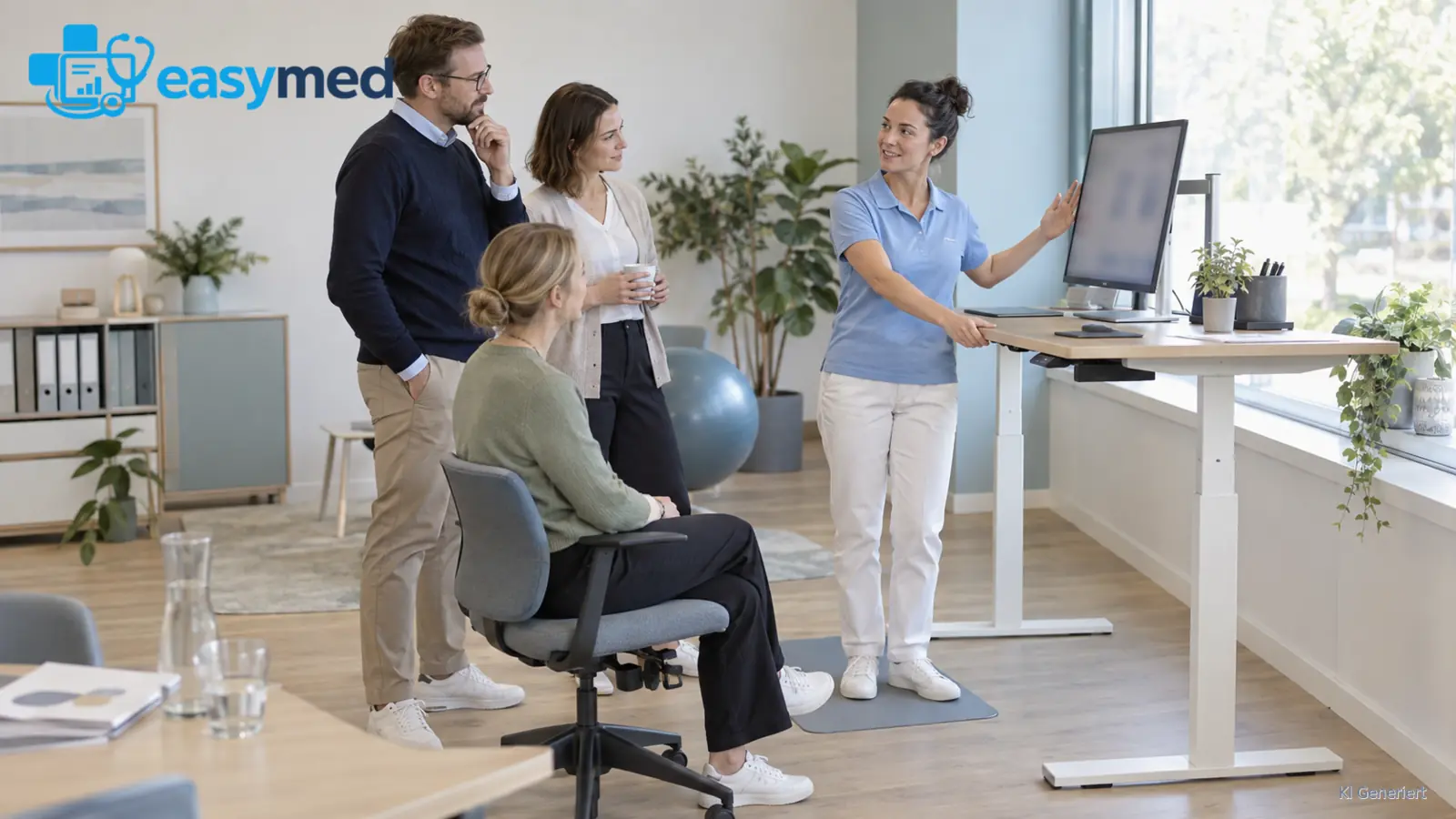Eine Fachperson zeigt einer kleinen Bürogruppe die Höhenverstellung am Arbeitstisch.