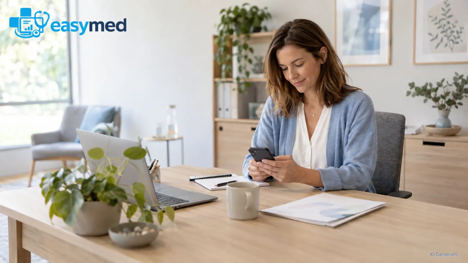 Person an einem hellen Schreibtisch mit Laptop und Smartphone