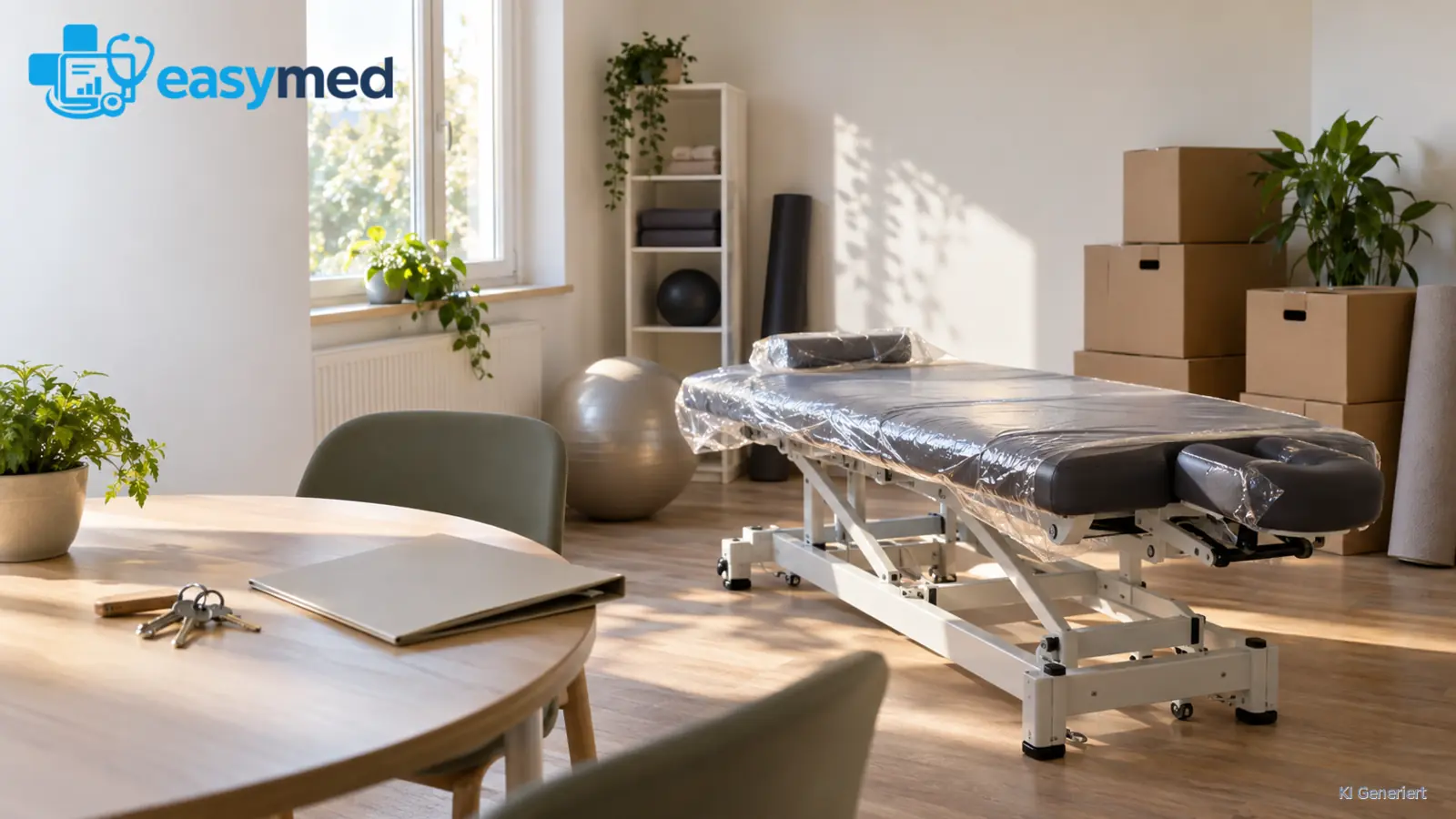 Neue Behandlungsliege, ungeöffnete Ausstattungskartons und Schlüssel in einem Therapieraum.