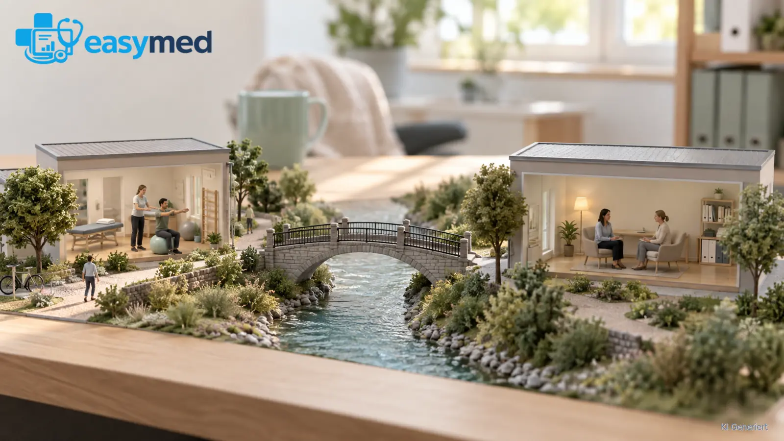 Modell eines Stadtviertels mit zwei Praxisgebäuden, einem Fluss und einer Brücke.