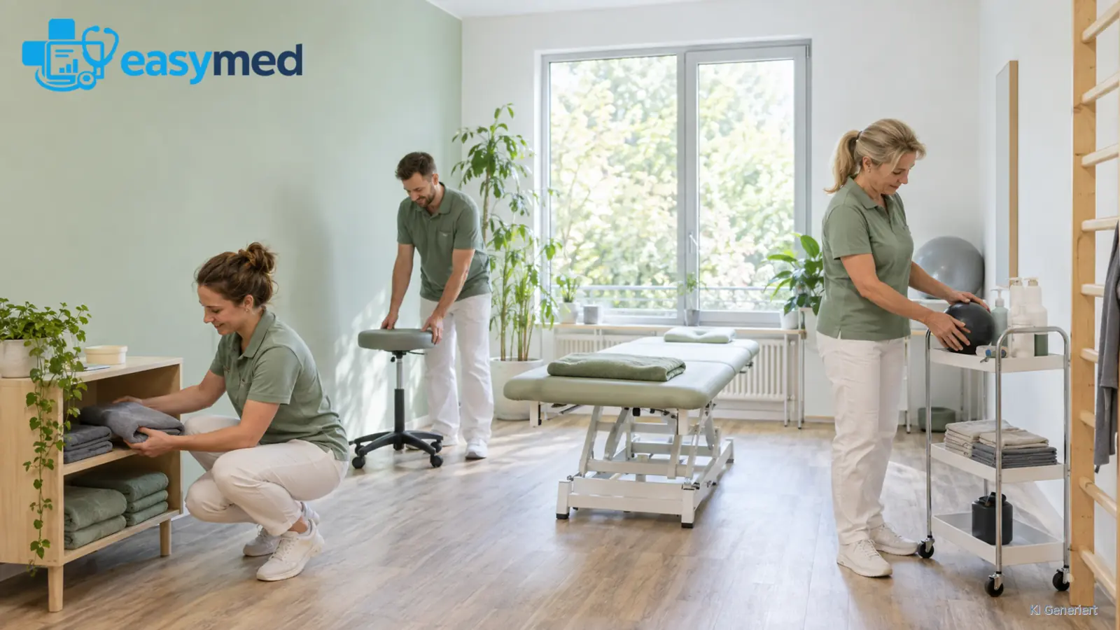 Ein Praxisteam bereitet gemeinsam einen Behandlungsraum vor.