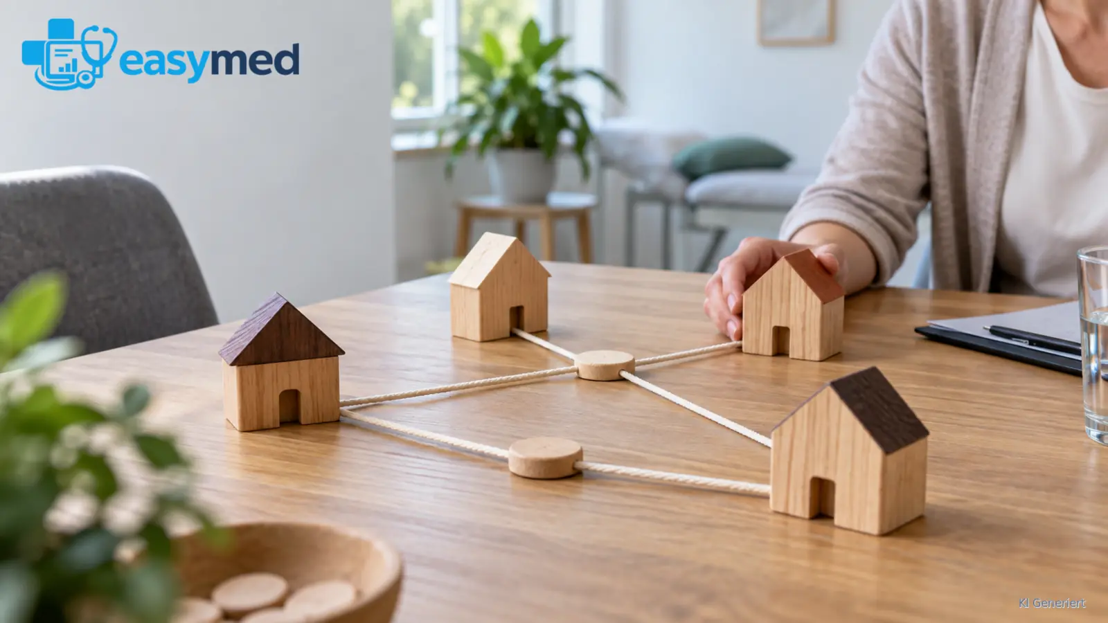 Vier kleine Holzhausmodelle sind durch Schnüre und Holzscheiben miteinander verbunden.