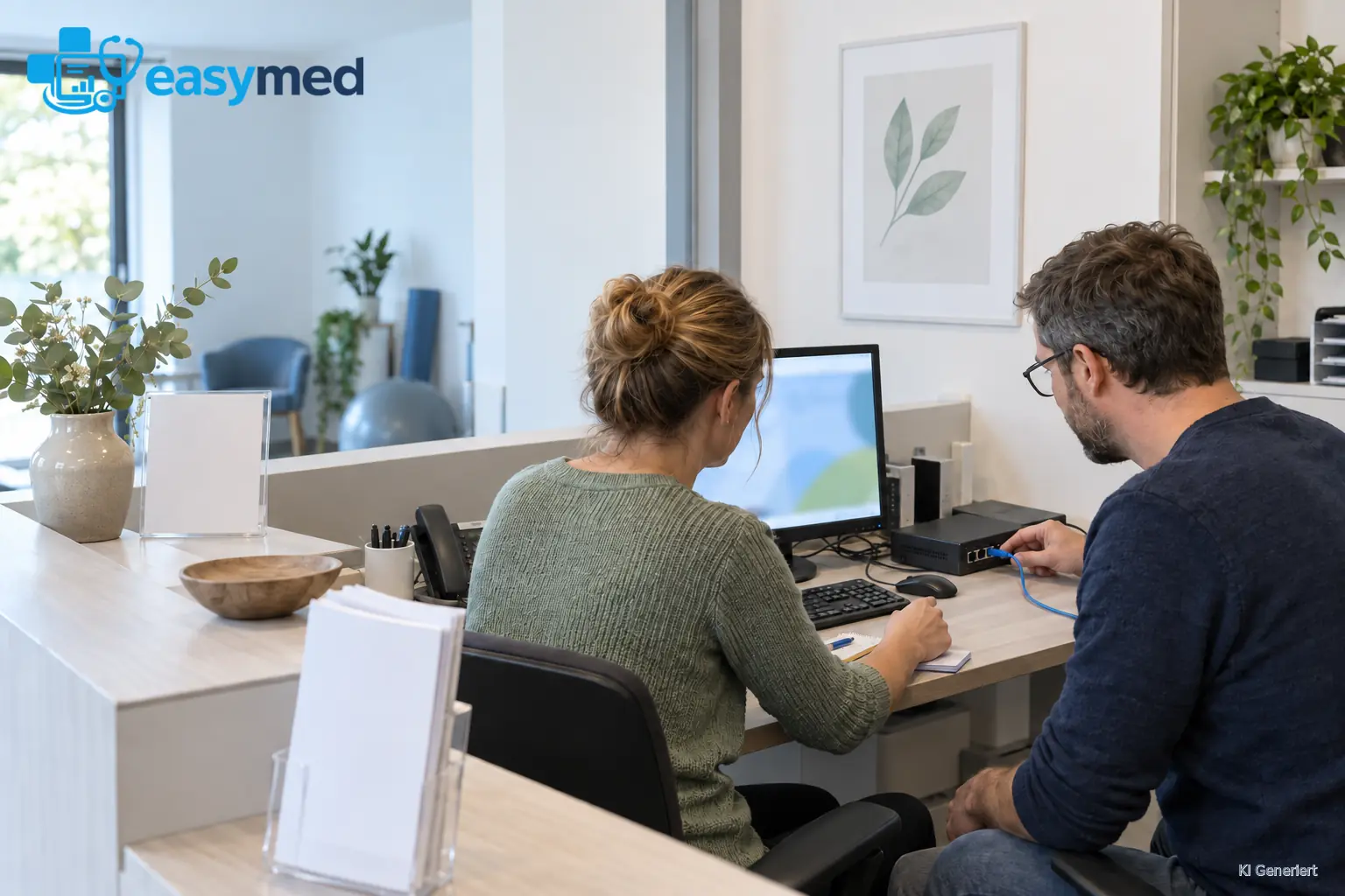 Zwei Personen besprechen einen Empfangsarbeitsplatz mit Computer, Netzwerkgerät und angeschlossenem Kabel