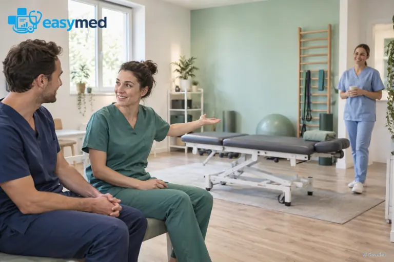 Ein Therapieteam spricht in einem Behandlungsraum über den Arbeitsalltag.
