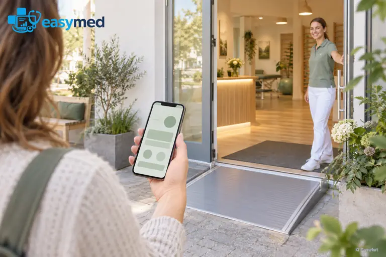 Eine Besucherin hält ein Smartphone vor dem geöffneten Praxiseingang mit Zugangsrampe.