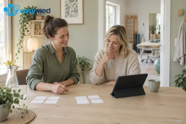 Zwei Mitarbeiterinnen planen am Tisch einer Therapiepraxis gemeinsam den Softwarestart.