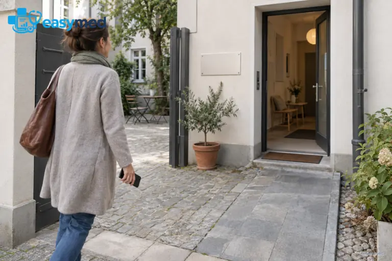 Eine Besucherin mit Smartphone nähert sich dem Seiteneingang einer Praxis im Innenhof.