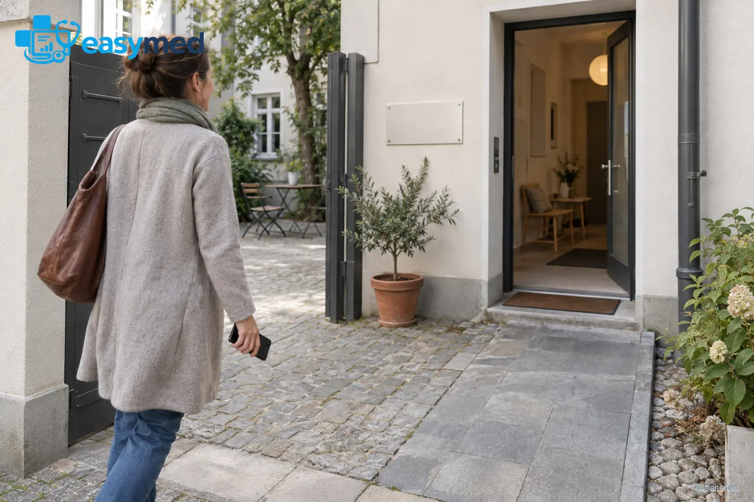 Eine Besucherin mit Smartphone nähert sich dem Seiteneingang einer Praxis im Innenhof.