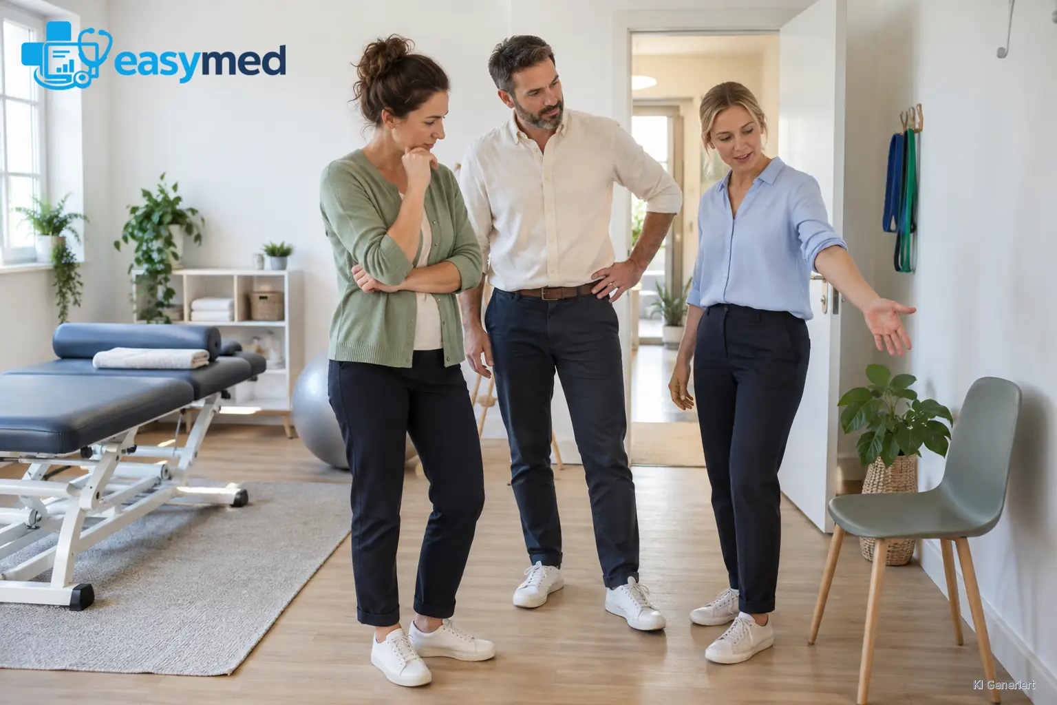 Drei Teammitglieder besprechen gemeinsam die Raumsituation einer Therapiepraxis