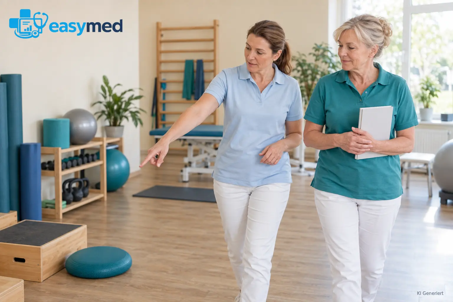 Zwei Physiotherapeutinnen besprechen den Einstieg im leeren Übungsraum der Praxis.