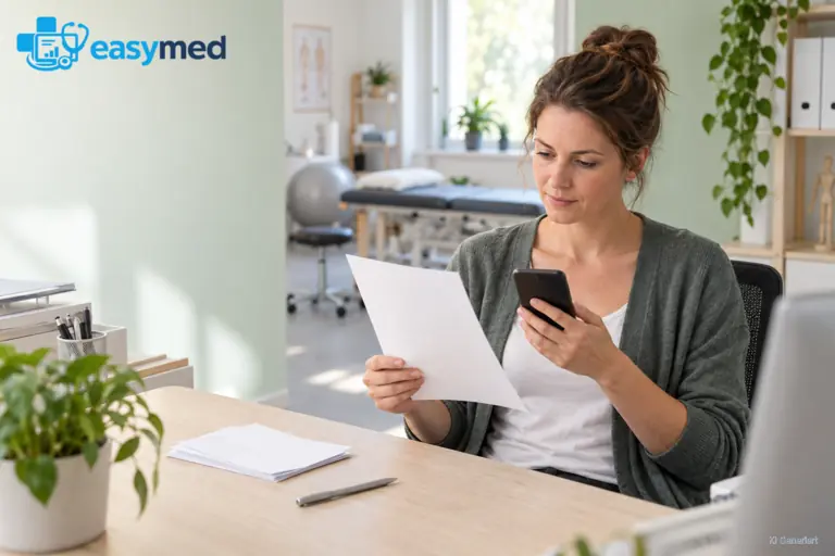 Praxismitarbeiterin vergleicht ein Blatt mit ihrem Smartphone am Schreibtisch.