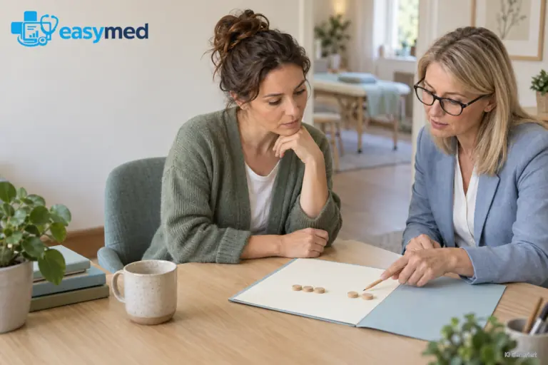 Zwei Frauen betrachten ein Blatt mit drei zusammenliegenden und zwei getrennten Holzplättchen.
