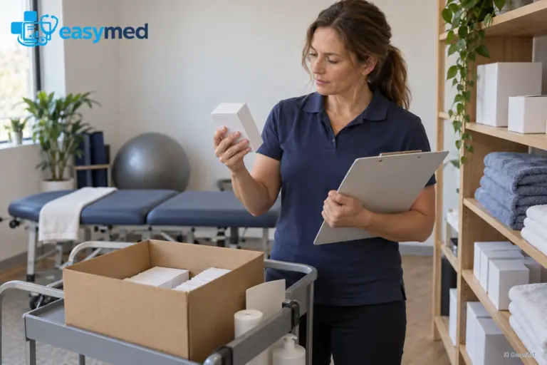 Eine Therapeutin prüft eine unbedruckte Materialpackung neben einem offenen Vorratskarton im Behandlungsraum.
