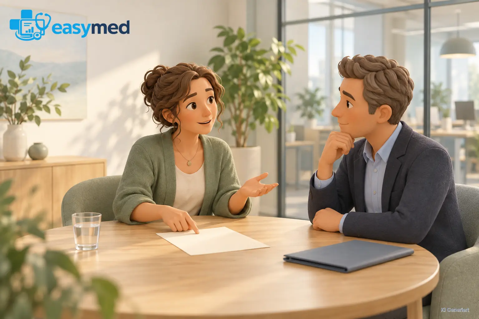 Gezeichnete Therapeutin und Firmenansprechpartner besprechen eine unbeschriftete Ablaufskizze am Tisch.