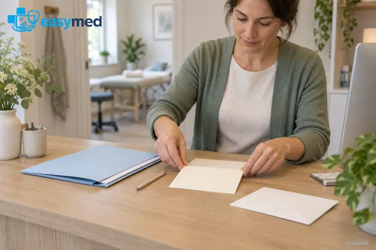Eine Frau legt eine kleine Karte zu Unterlagen und Umschlägen auf einem Schreibtisch in einer Therapiepraxis.