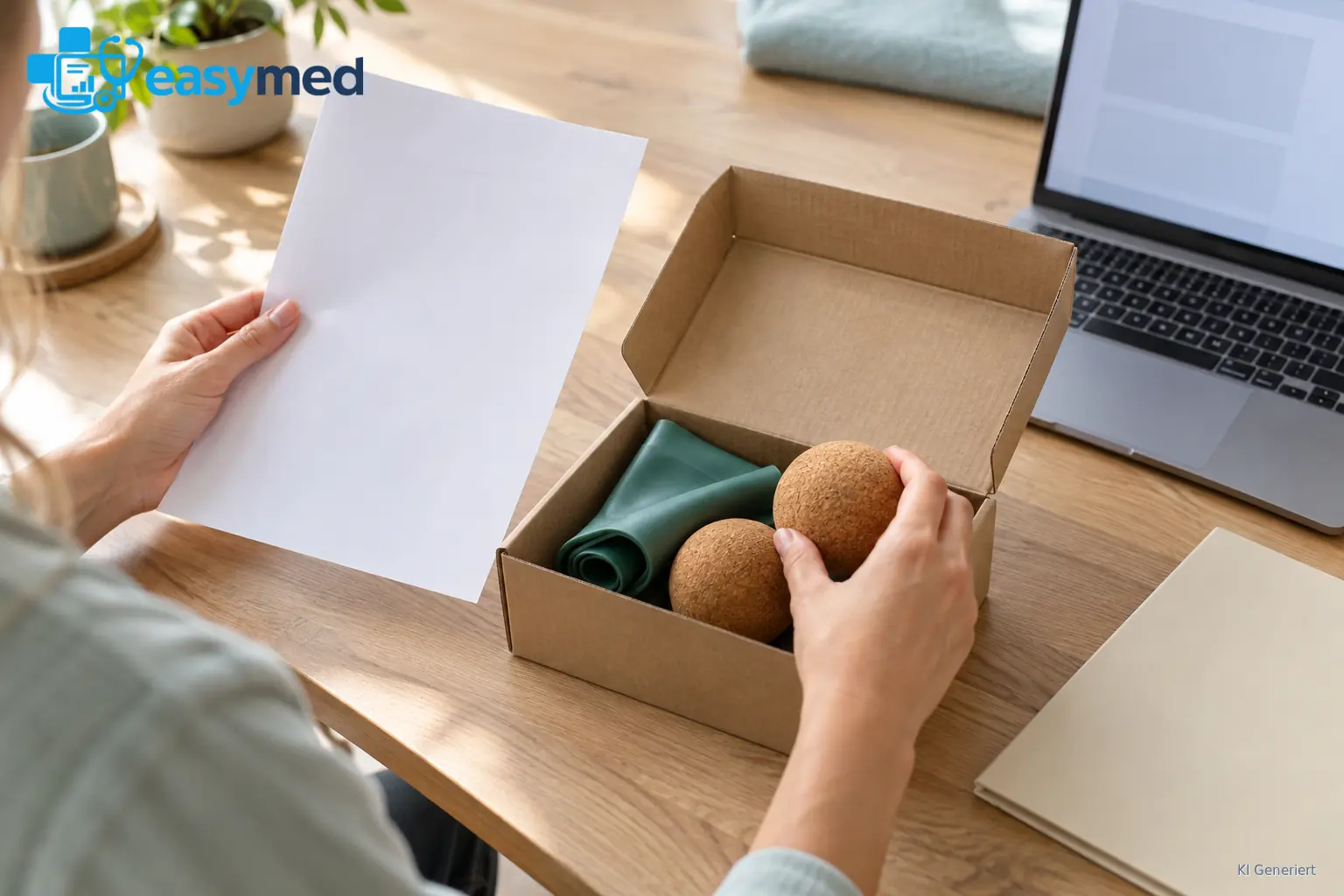 Hände vergleichen ein Blatt mit Therapiematerial in einem geöffneten Karton neben einem Laptop.