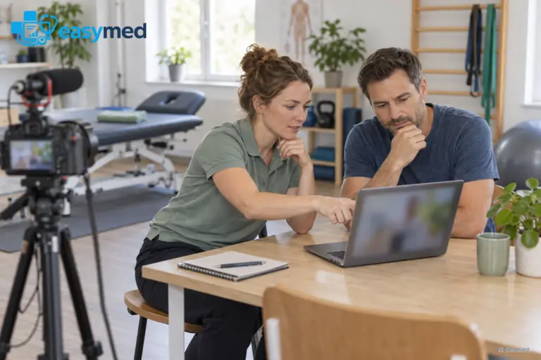 Zwei Personen prüfen eine Videoaufnahme am Laptop neben einer Kamera in einer Therapiepraxis.