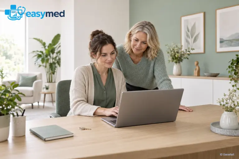Zwei Kolleginnen prüfen gemeinsam die erste Einrichtung am Laptop einer neuen Praxis