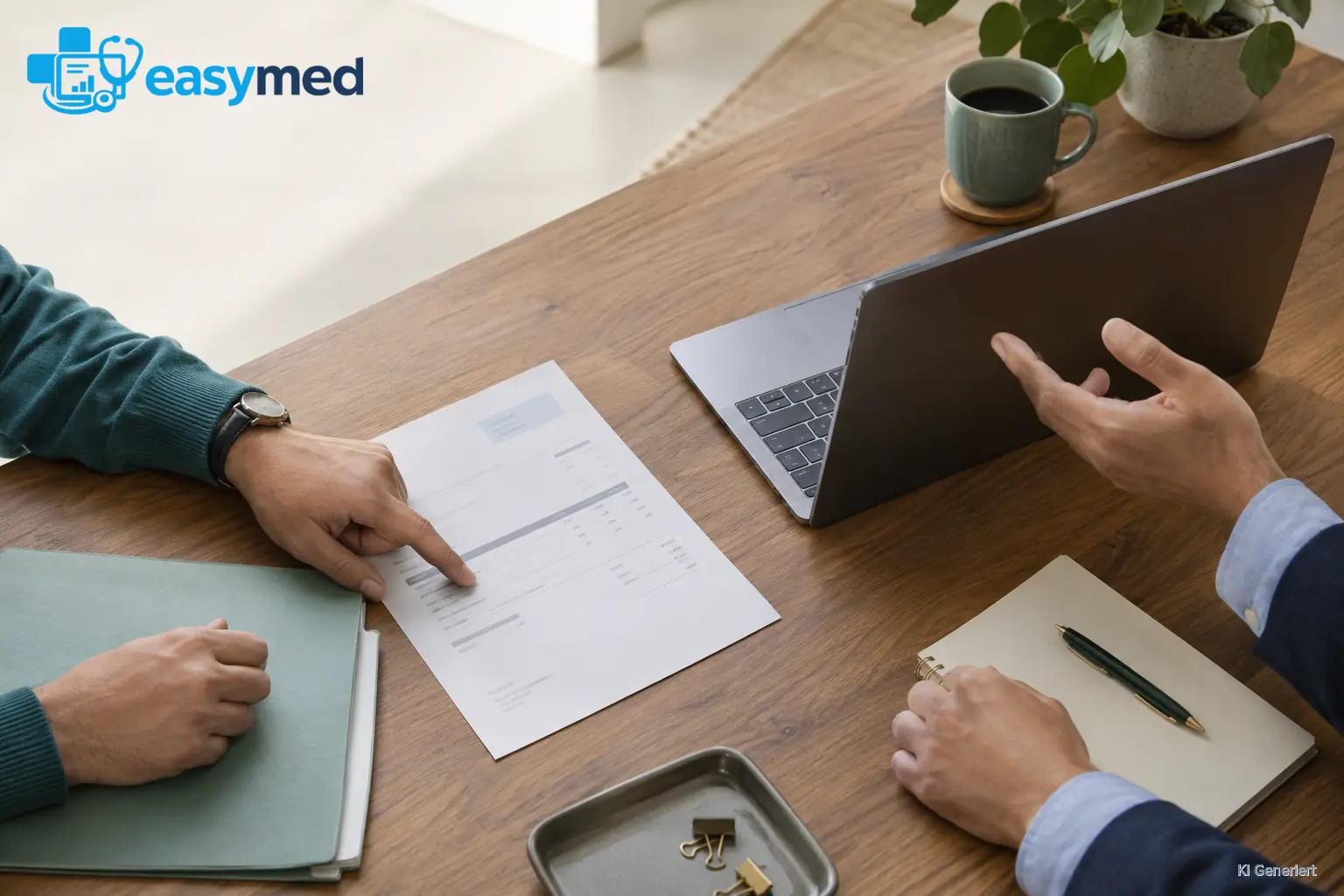 Praxisinhaber und Kanzlei besprechen eine Lieferantenrechnung neben Ordner und Laptop.