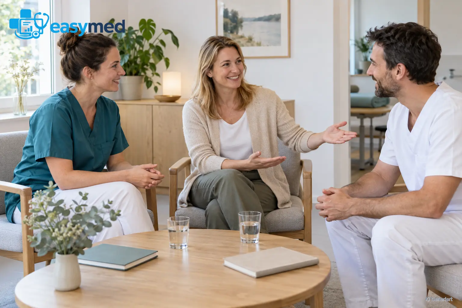 Drei Fachpersonen lernen sich in einer ruhigen Sitzecke einer Therapiepraxis kennen.