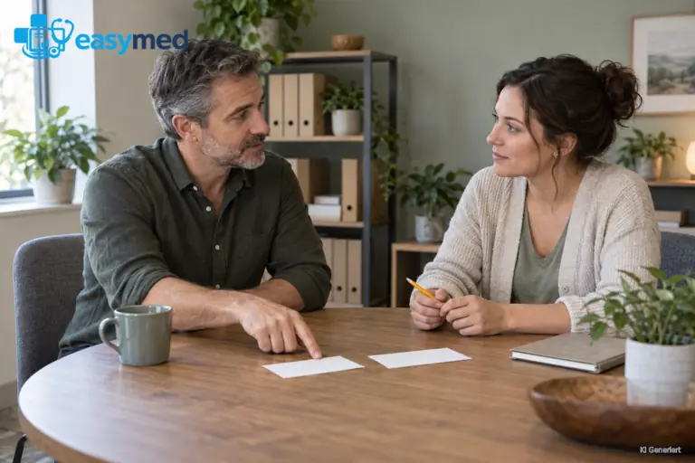 Praxisleitung und Kollegin sprechen an einem runden Tisch über zwei Notizzettel.