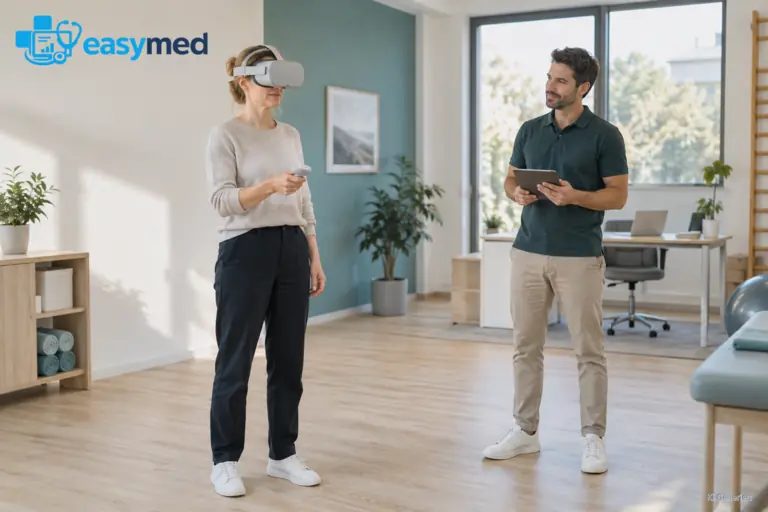 Praxisleiterin probiert eine VR-Brille in einer freien Büroecke aus, ein Kollege begleitet die Übung.