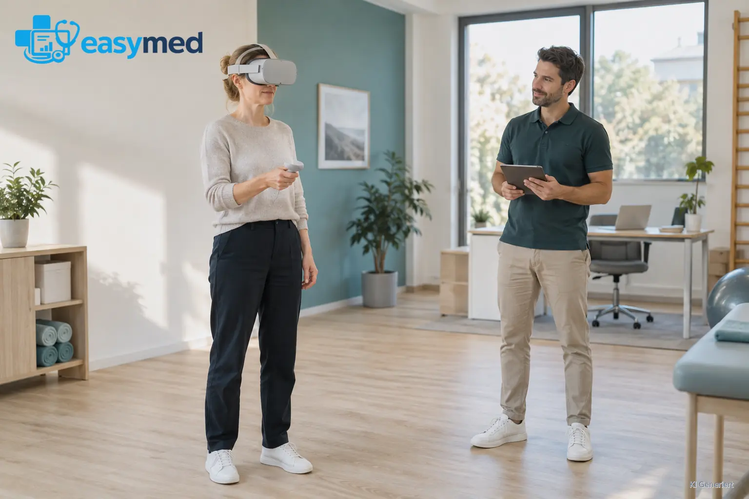 Praxisleiterin probiert eine VR-Brille in einer freien Büroecke aus, ein Kollege begleitet die Übung.