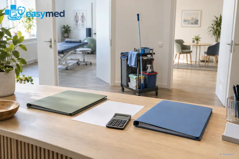 Zwei verschiedenfarbige Praxisordner neben einem Blatt und Reinigungswagen im gemeinsamen Eingangsbereich