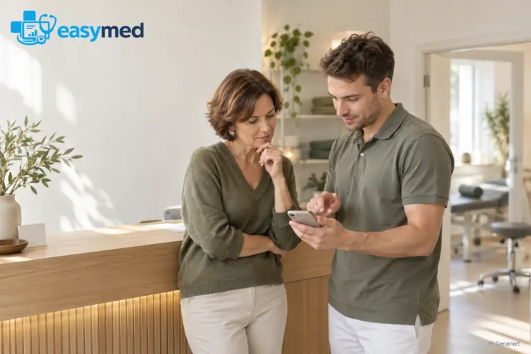 Zwei Personen am Praxisempfang betrachten gemeinsam ein Smartphone.
