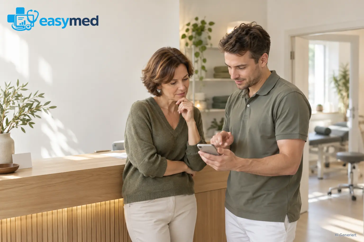 Zwei Personen am Praxisempfang betrachten gemeinsam ein Smartphone.
