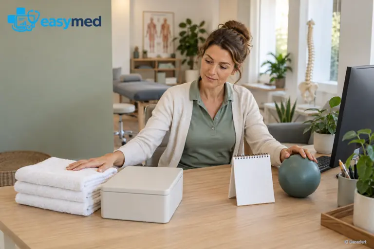 Praxisinhaberin sitzt am Schreibtisch neben Handtüchern, einer Ablagebox und einem Therapieball.